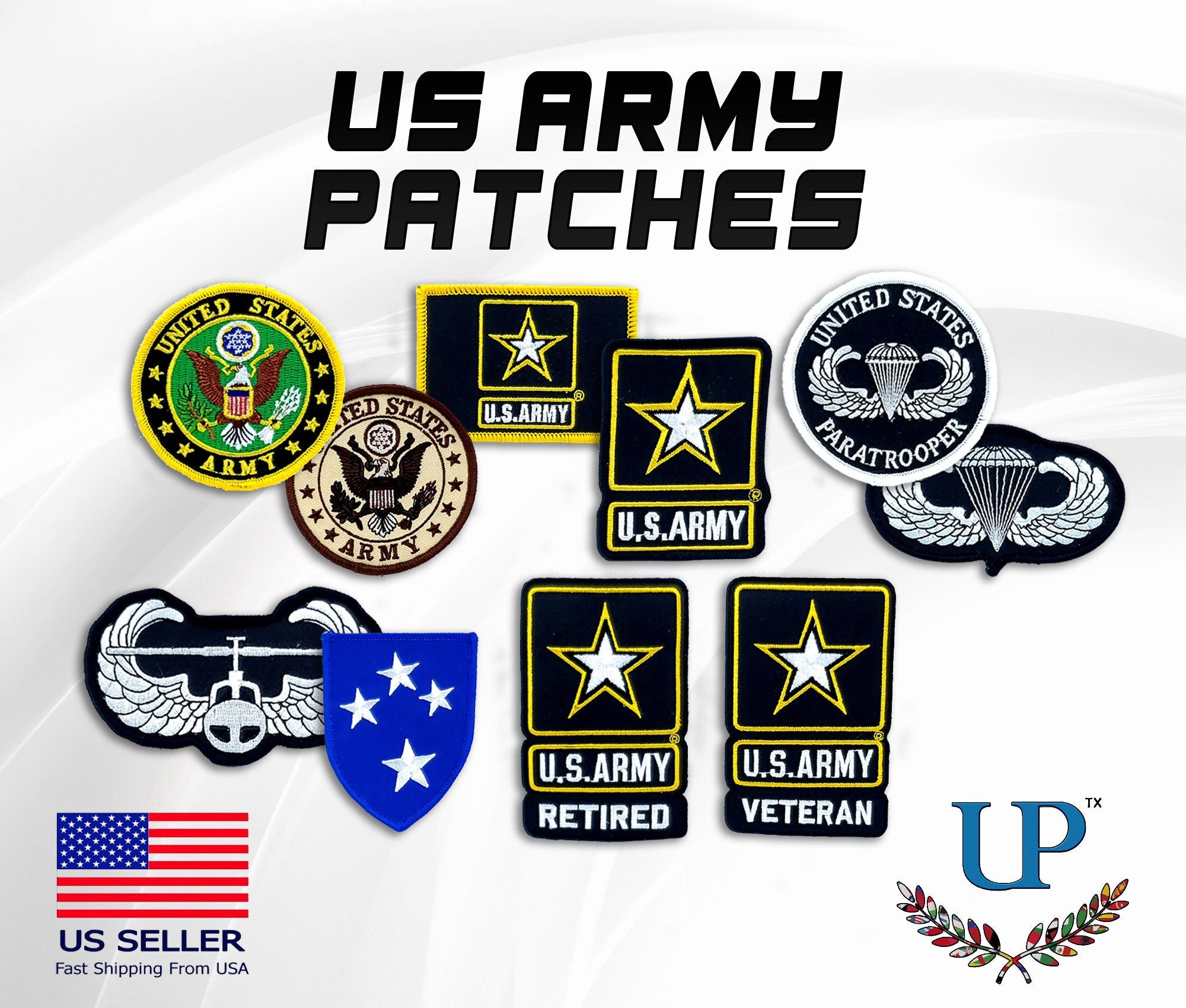 US Army Patches with Iron-On and Velcro fasteners, Retired and Veteran Patches, Embroidered US Army Patches for Jackets, T-Shirts, Masks