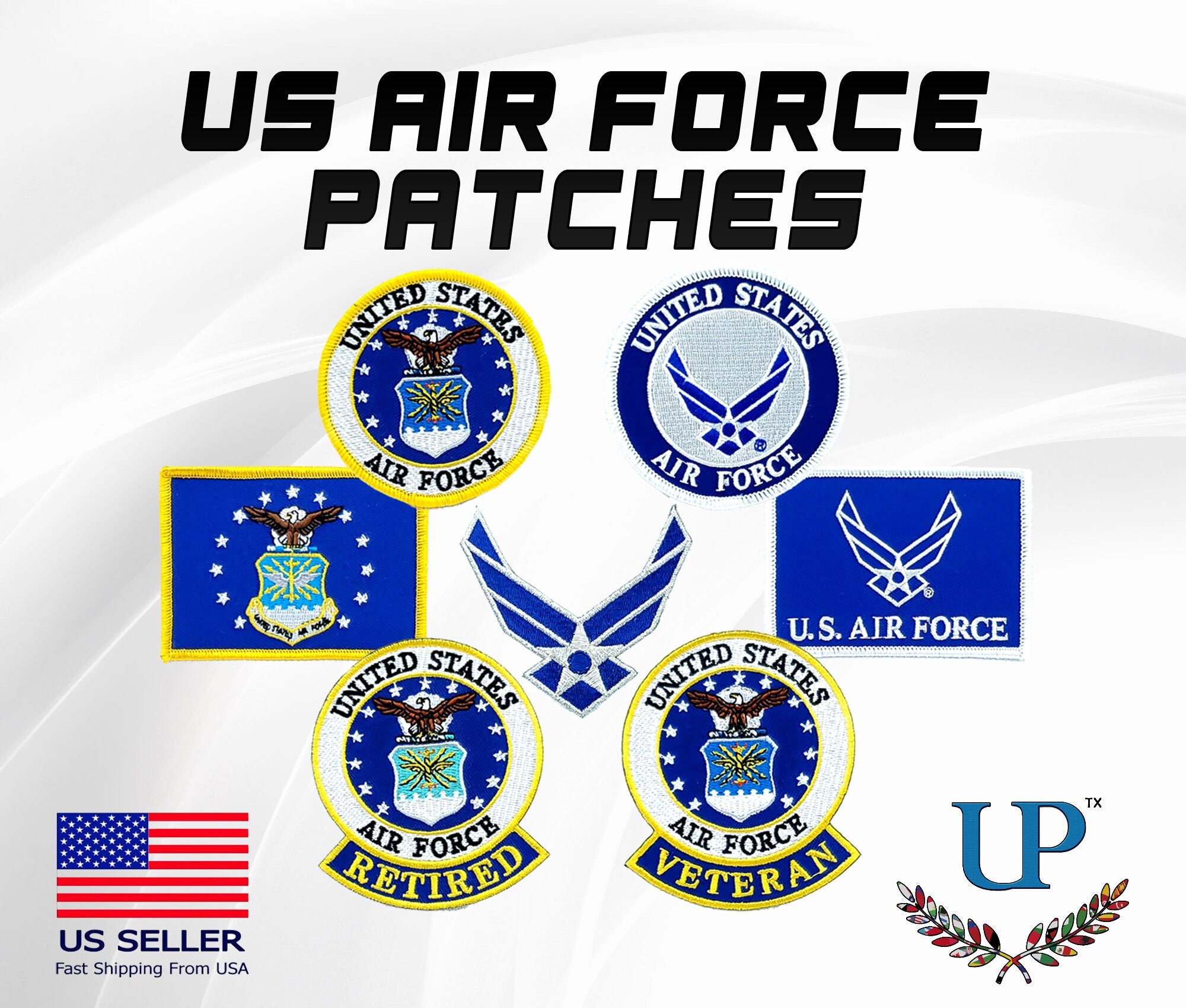 US Air Force Iron On and Velcro Patches, Retired and Veteran Patches, Embroidered US Air Force Patches for Jackets, T-Shirts and Masks