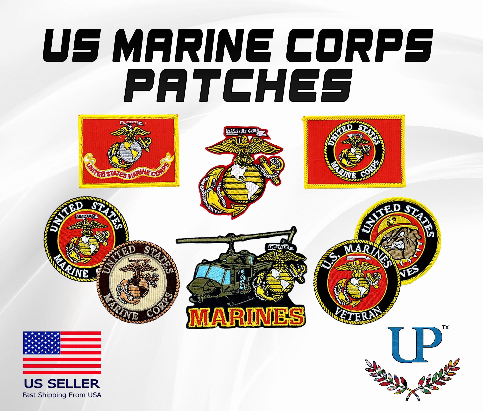 Marine Corps Patches with Iron on and Velcro fastener backing, USMC, Retired and Veteran Patches, The Globe, US Marines Patches for clothes