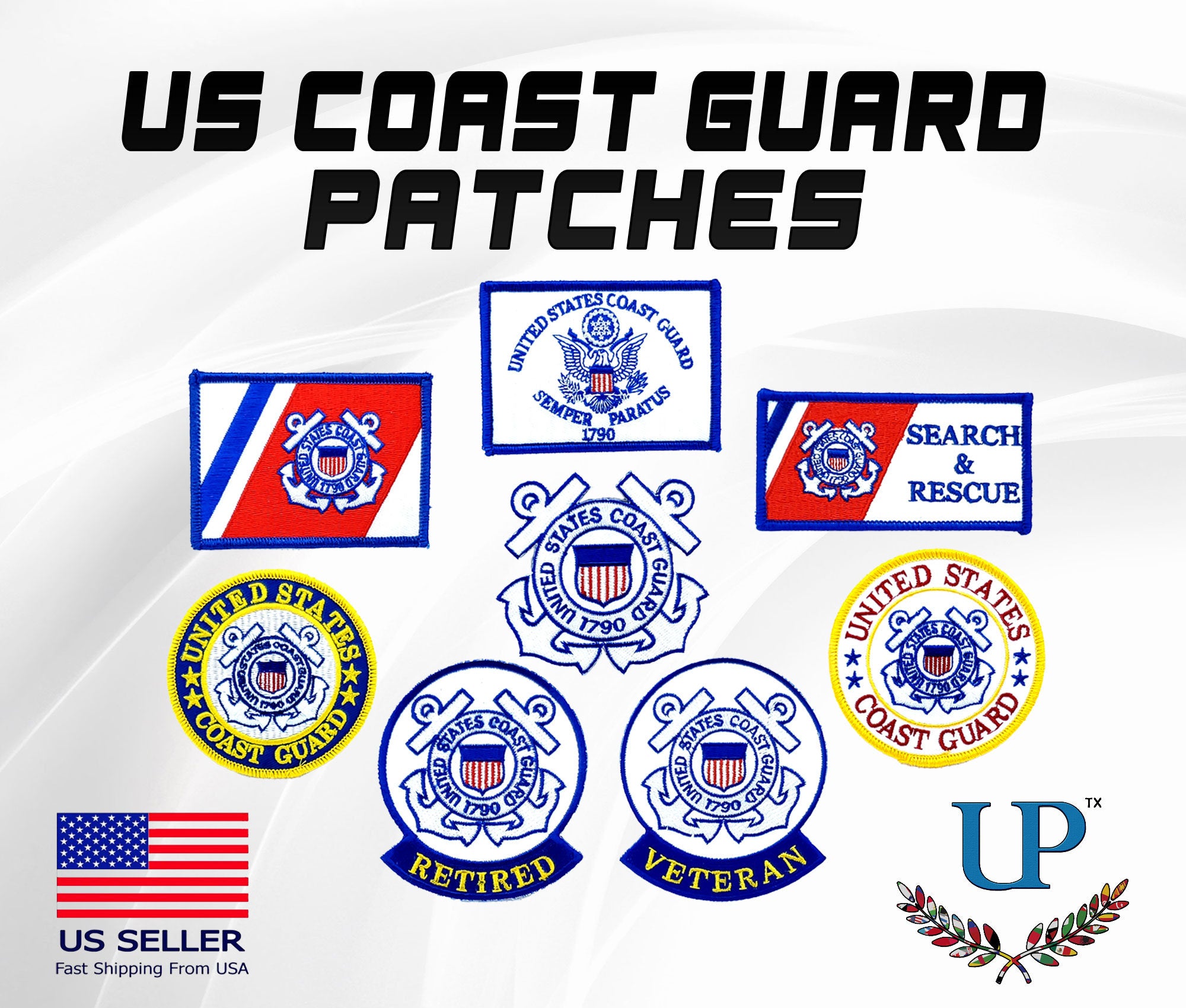 US Coast Guard Iron On and Velcro Patches, Retired and Veteran Patches, Embroidered US Coast Guard Patches for Jackets, T-Shirts and Masks