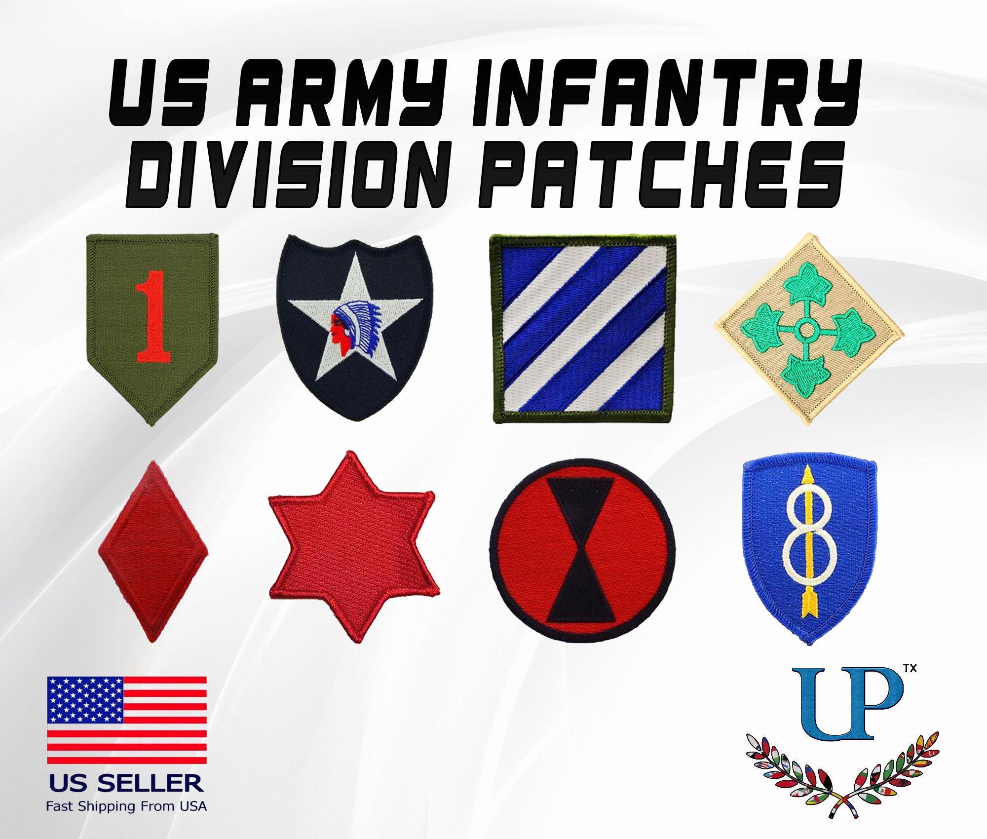 Embroidered US Army Infantry Divisions Iron On Patches, Infantry Division Patches, 1st, 2nd, 3rd, 4th, 5th, 6th, 7th, 8th Infantry Division