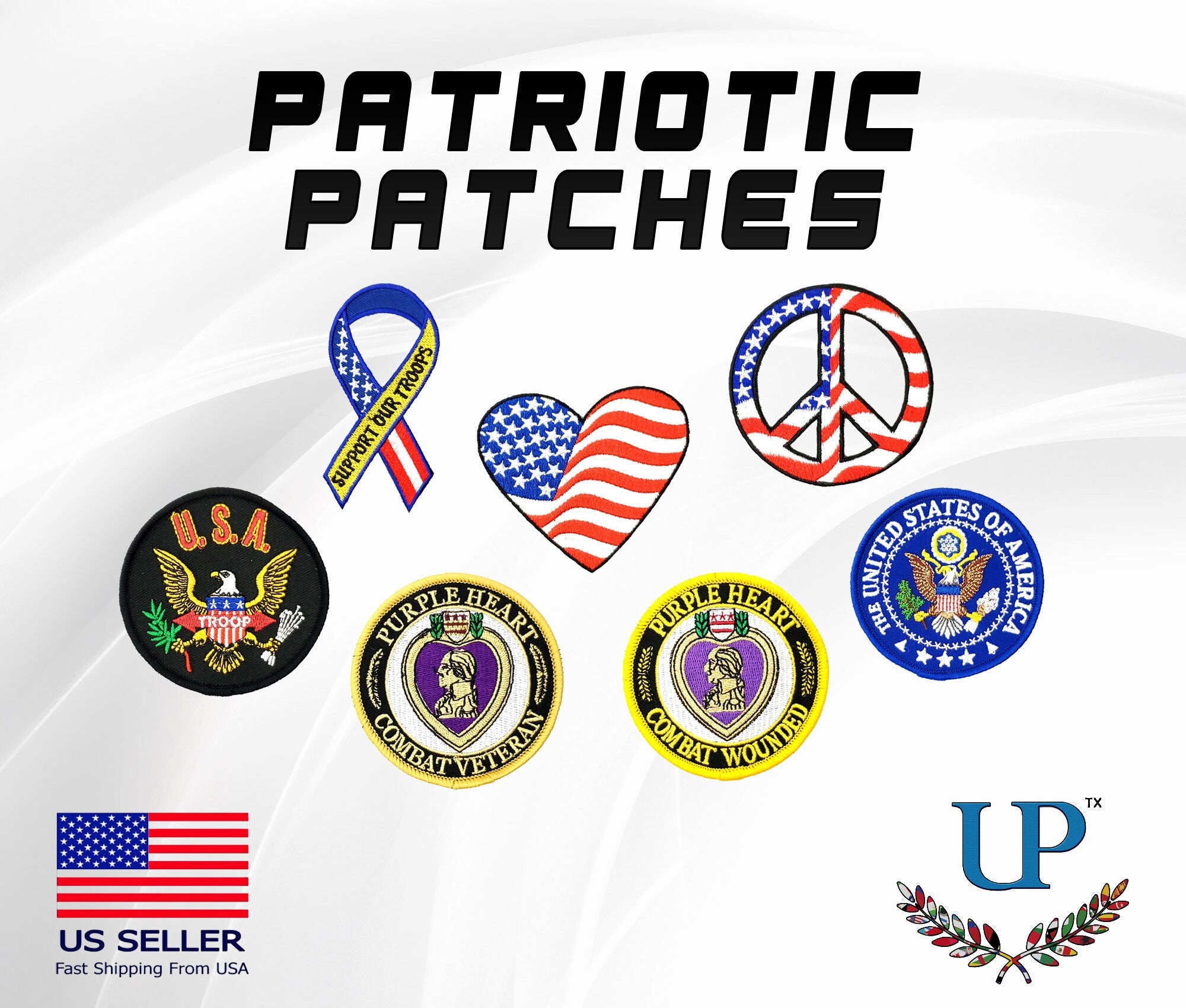 USA Patriotic Iron On Patches, The United States of America Seal, Support Our Troops, Purple Heart, Combat Veteran, Combat Wounded Patches