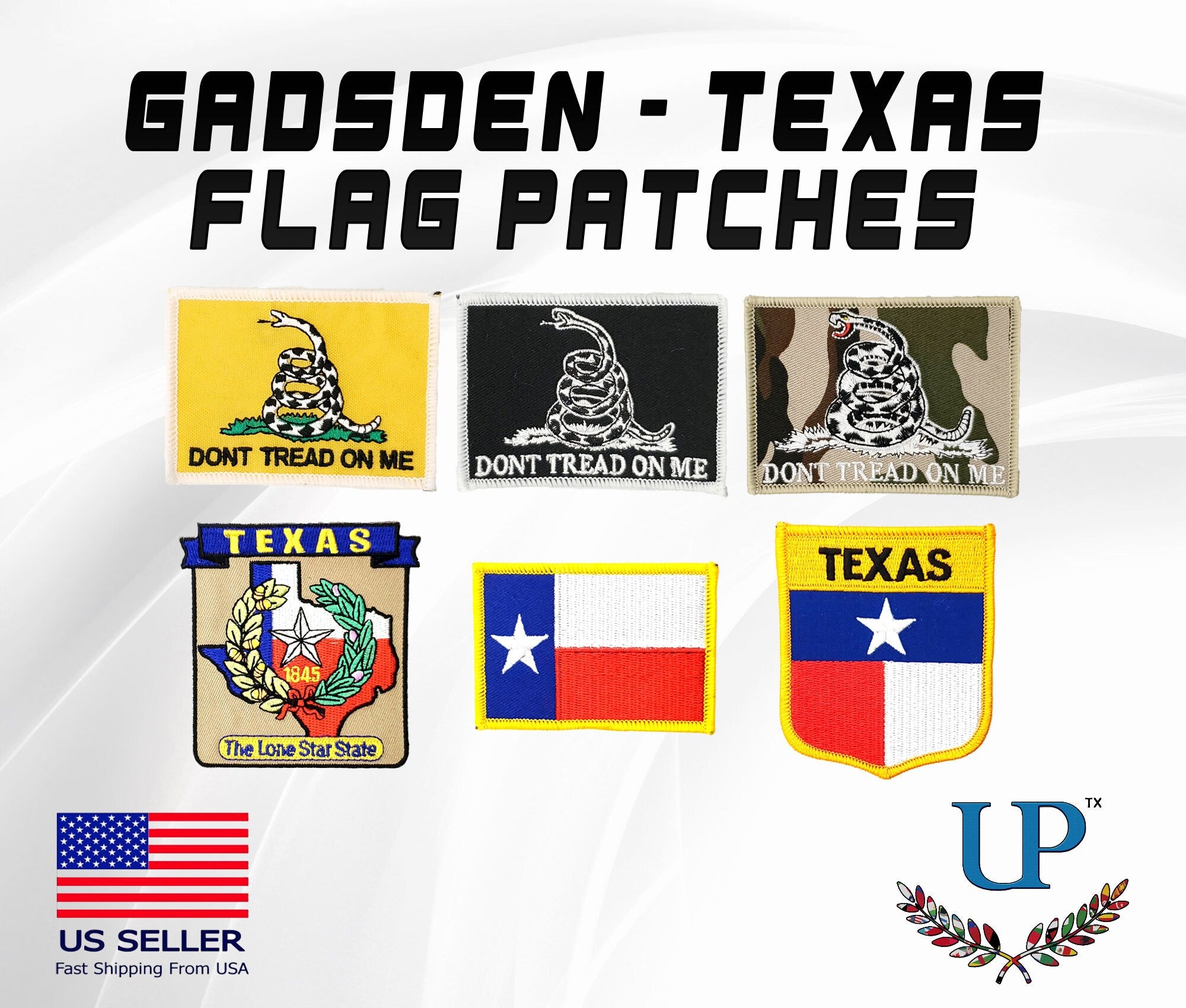 Embroidered Gadsden Flag Iron On Patches, Embroidered Texas Flag Iron On Patches, Don&#39;t Tread on Me Flag Patch, The Lone Star State Patches