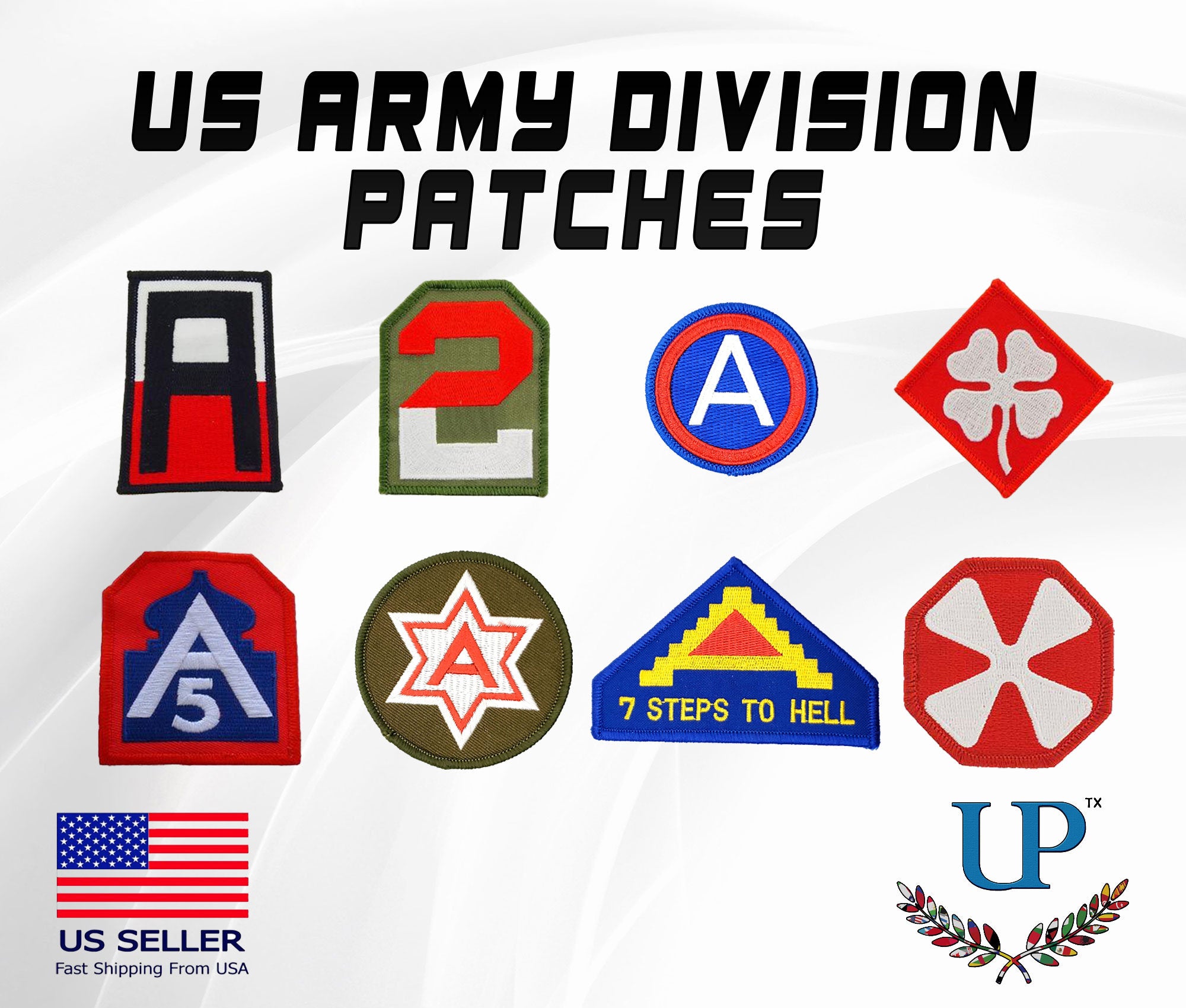 Embroidered US Army Divisions Iron On Patches, Embroidered Army Division Patches, 1st, 2nd, 3rd, 4th, 5th, 6th, 7th, 8th Army Division Patch