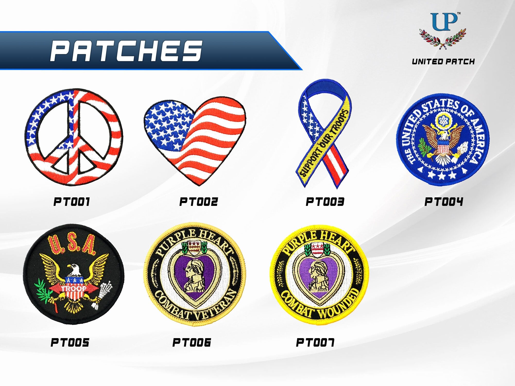 USA Patriotic Iron On Patches, The United States of America Seal, Support Our Troops, Purple Heart, Combat Veteran, Combat Wounded Patches