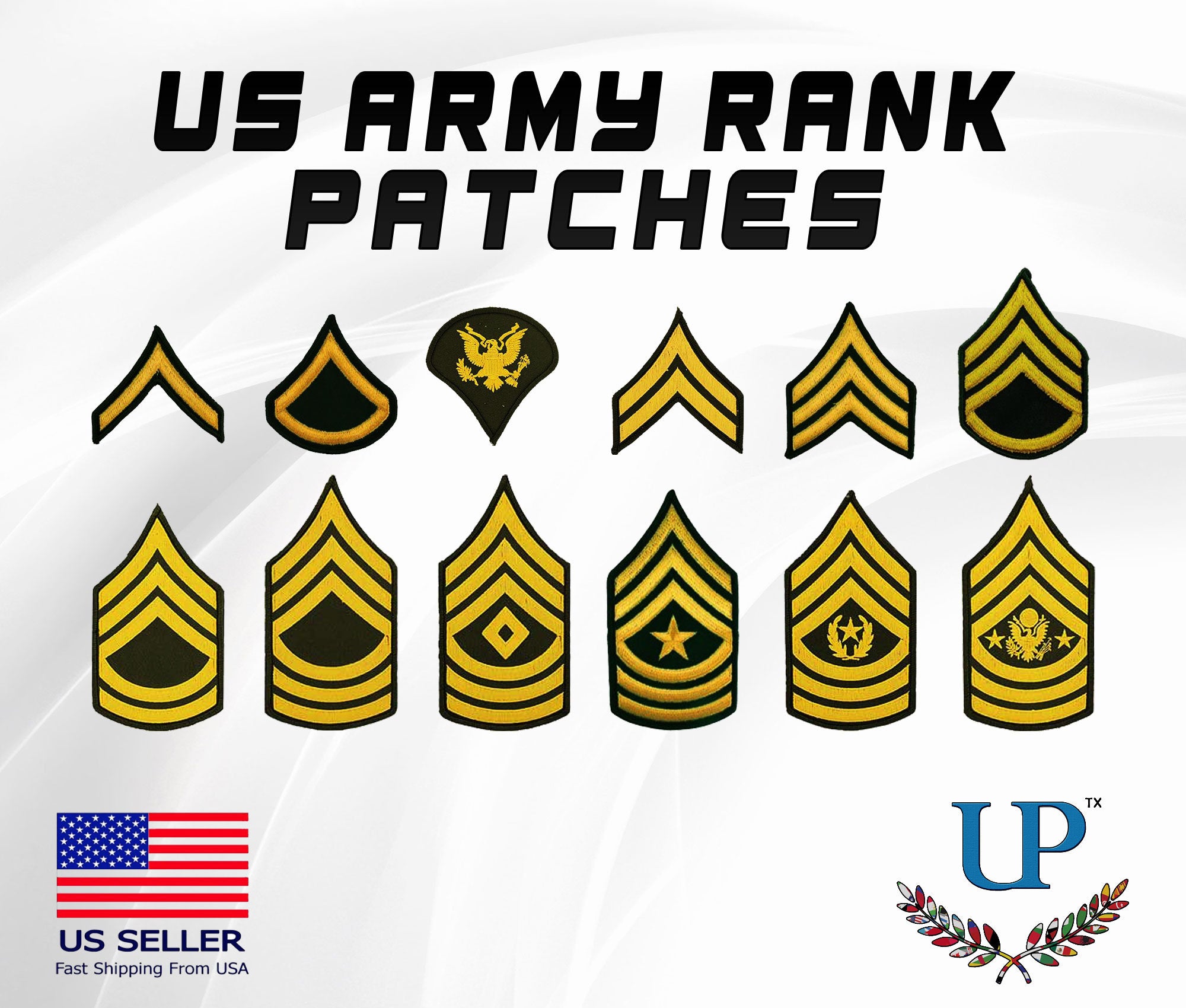 Embroidered US Army Rank Sew On Patches, Green Fabric US Military Rank Patches, Single Private, Corporal, Sergeant Rank Patches for Jackets