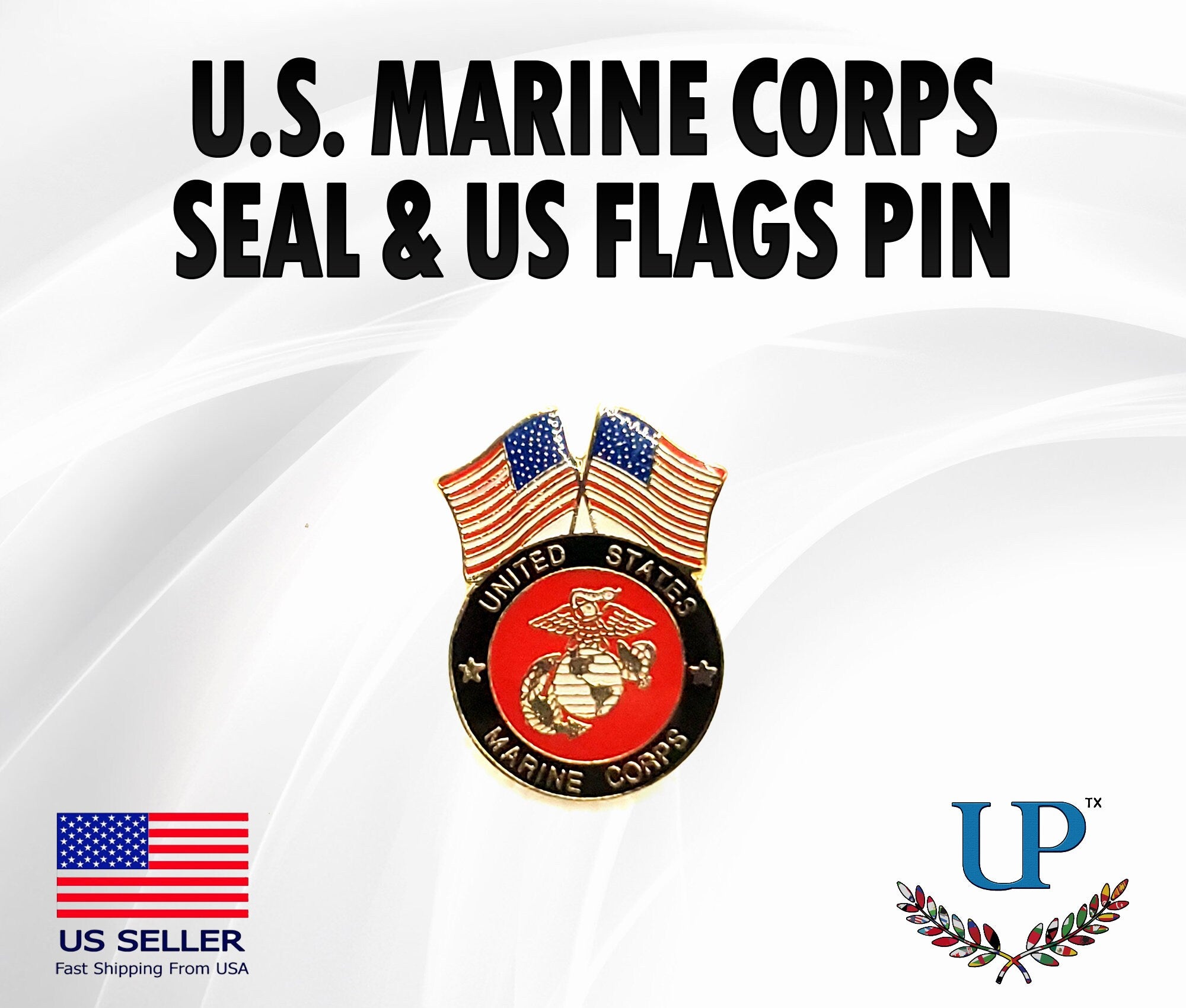 U.S. Marine Corps & Double U.S. Flag Lapel Pin, U.S. Marines and US Flags Lapel Pin, US Marines lapel pin for man and woman, USMC lapel pins