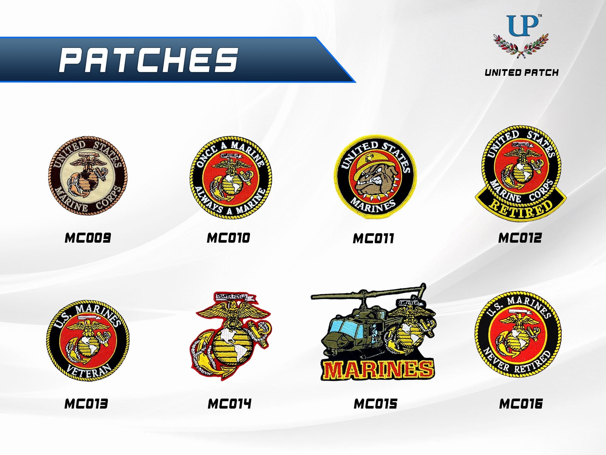 Marine Corps Patches with Iron on and Velcro fastener backing, USMC, Retired and Veteran Patches, The Globe, US Marines Patches for clothes