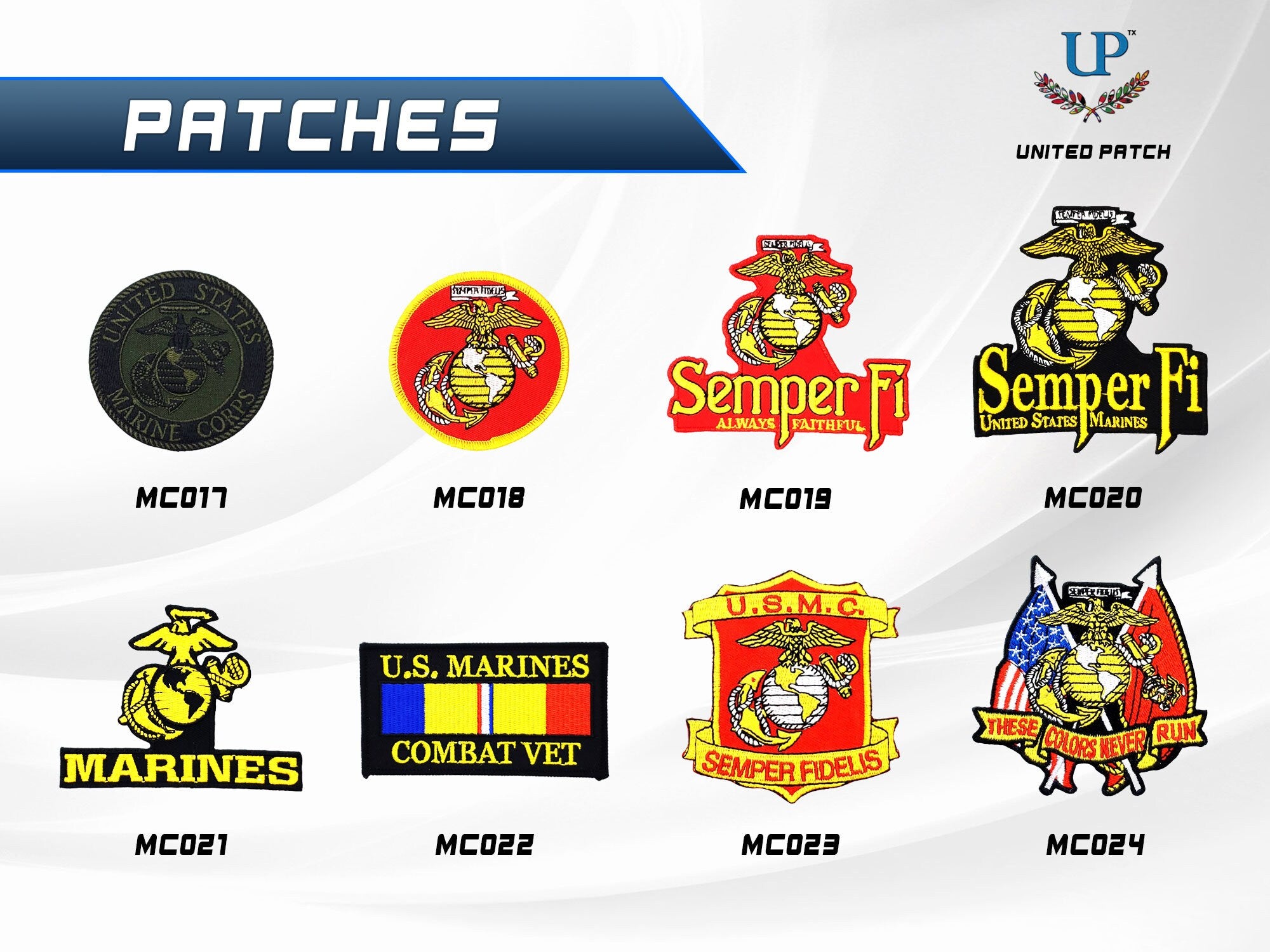 Marine Corps Patches with Iron on and Velcro fastener backing, USMC, Retired and Veteran Patches, The Globe, US Marines Patches for clothes