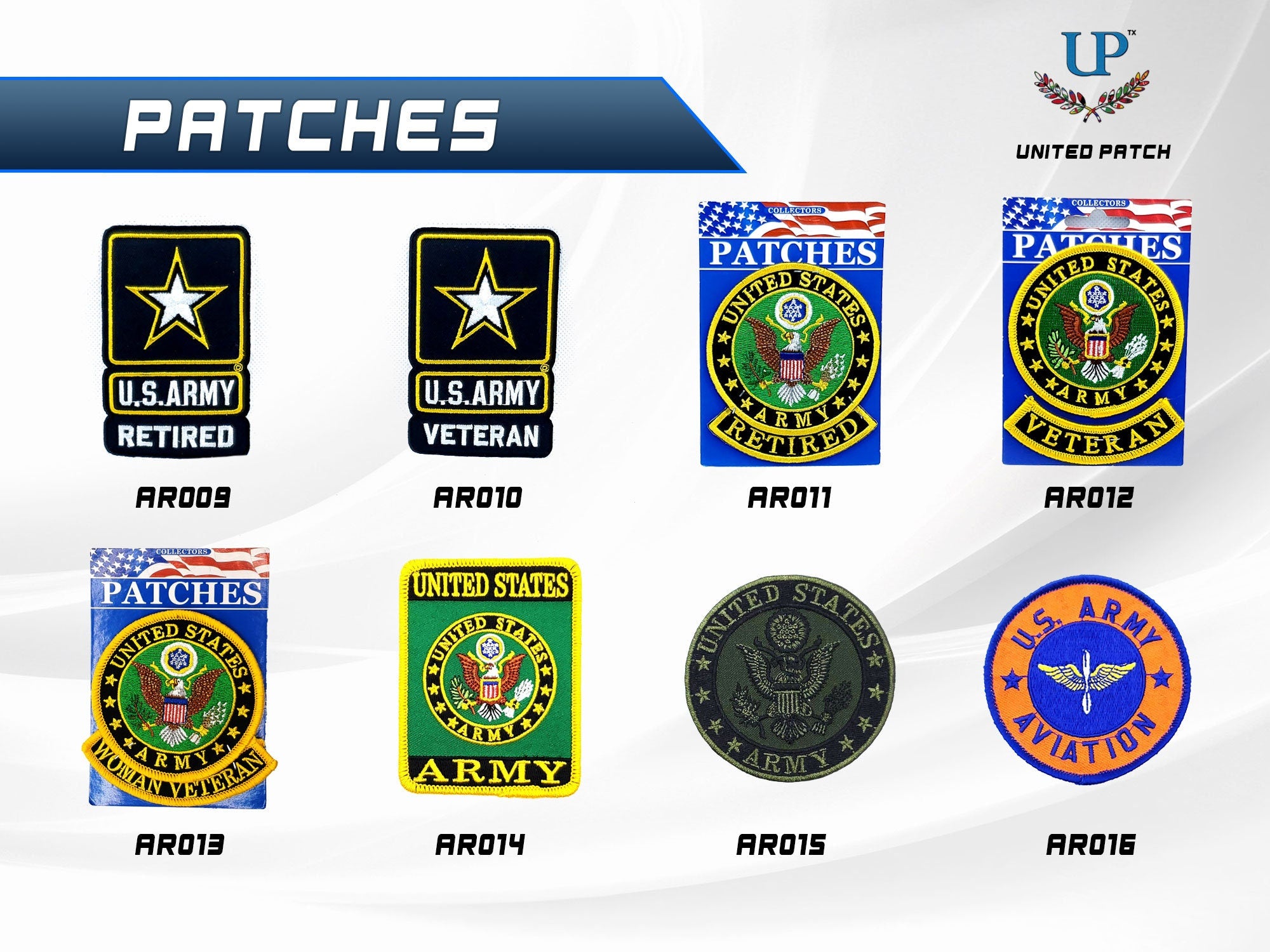 US Army Patches with Iron-On and Velcro fasteners, Retired and Veteran Patches, Embroidered US Army Patches for Jackets, T-Shirts, Masks