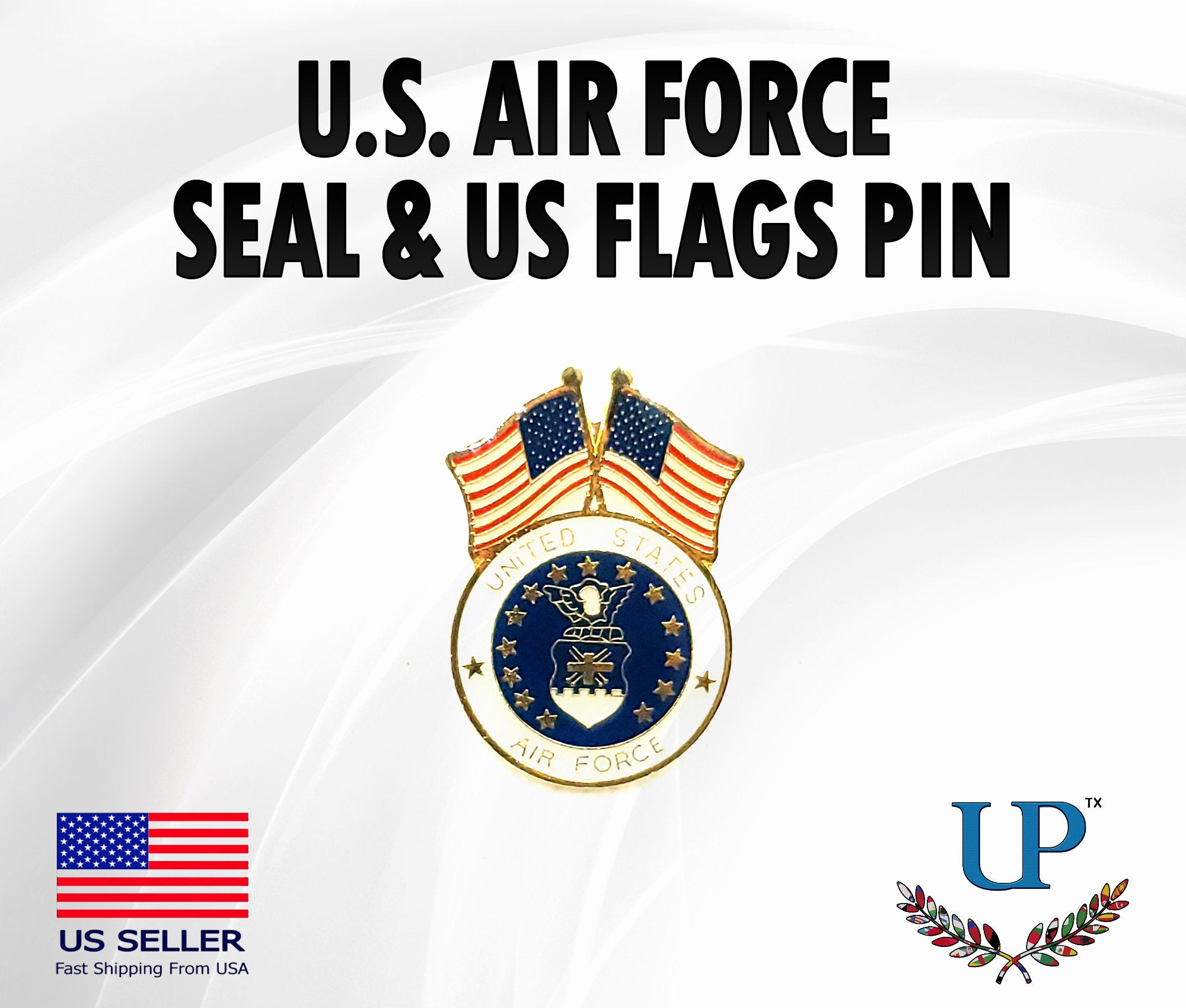 U.S. Air Force Seal with Double U.S. Flags Lapel Pin, U.S. Air Force Logo & U.S. Flag Lapel Pin, U.S. Air Force lapel pin for man and woman