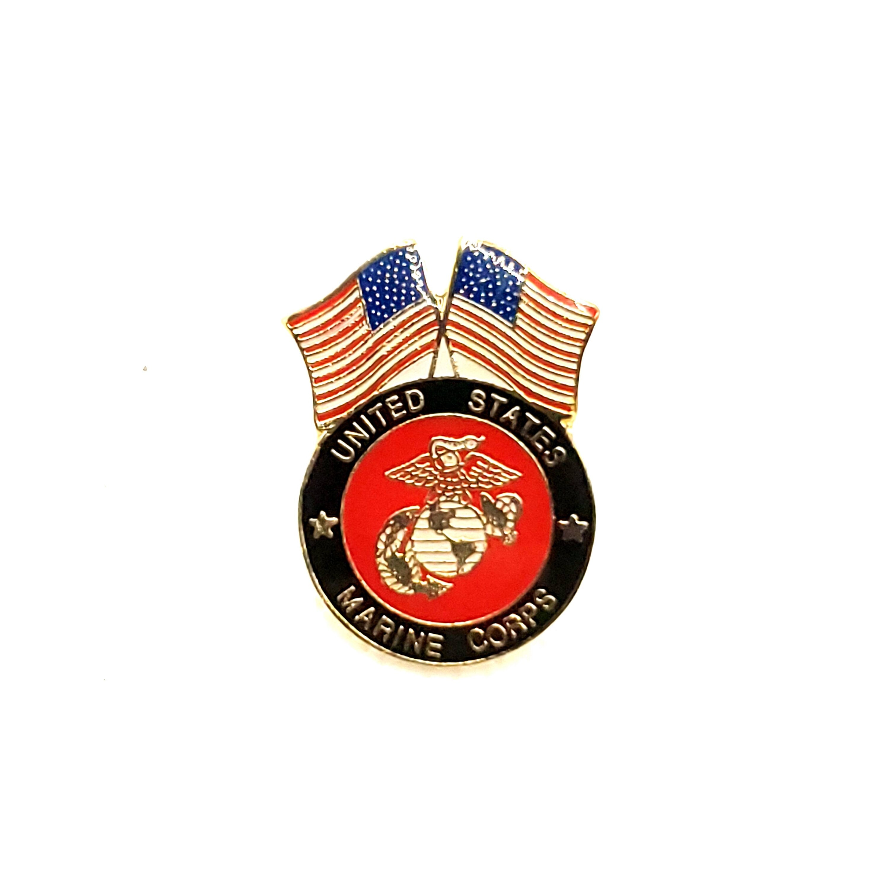 U.S. Marine Corps & Double U.S. Flag Lapel Pin, U.S. Marines and US Flags Lapel Pin, US Marines lapel pin for man and woman, USMC lapel pins