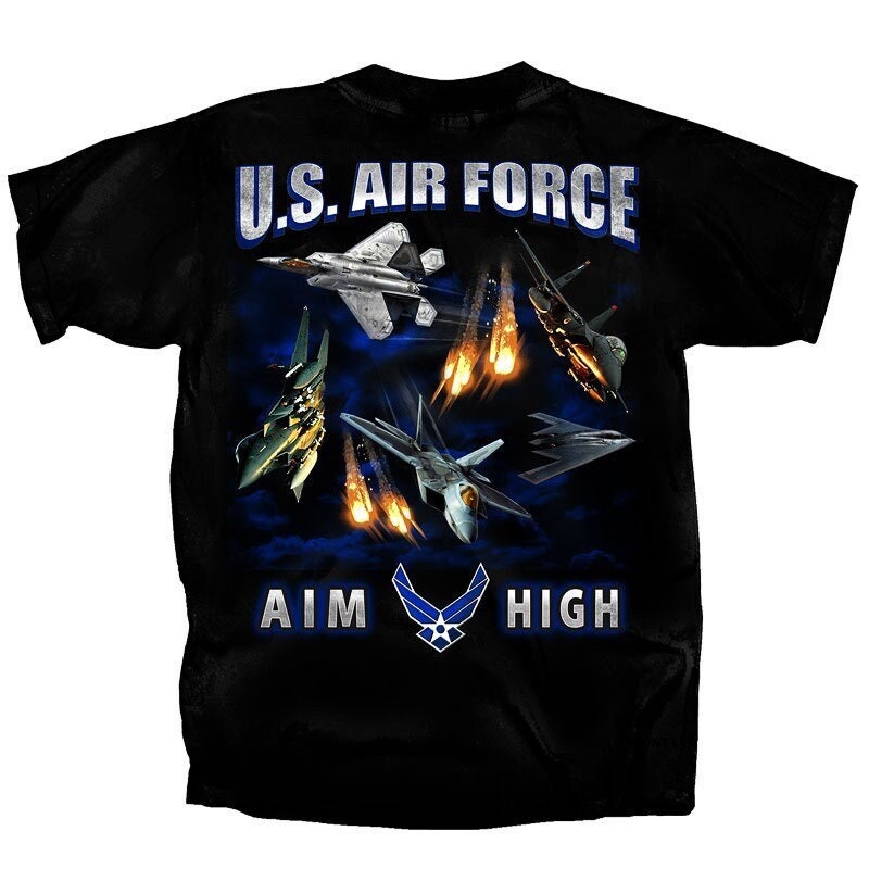 U.S. Air Force Aim High Action T-Shirt, Black U.S. Air Force T-Shirt, USAF Patriotic T-Shirt, US Air Force Aircrafts T-Shirt, Air Force Tee