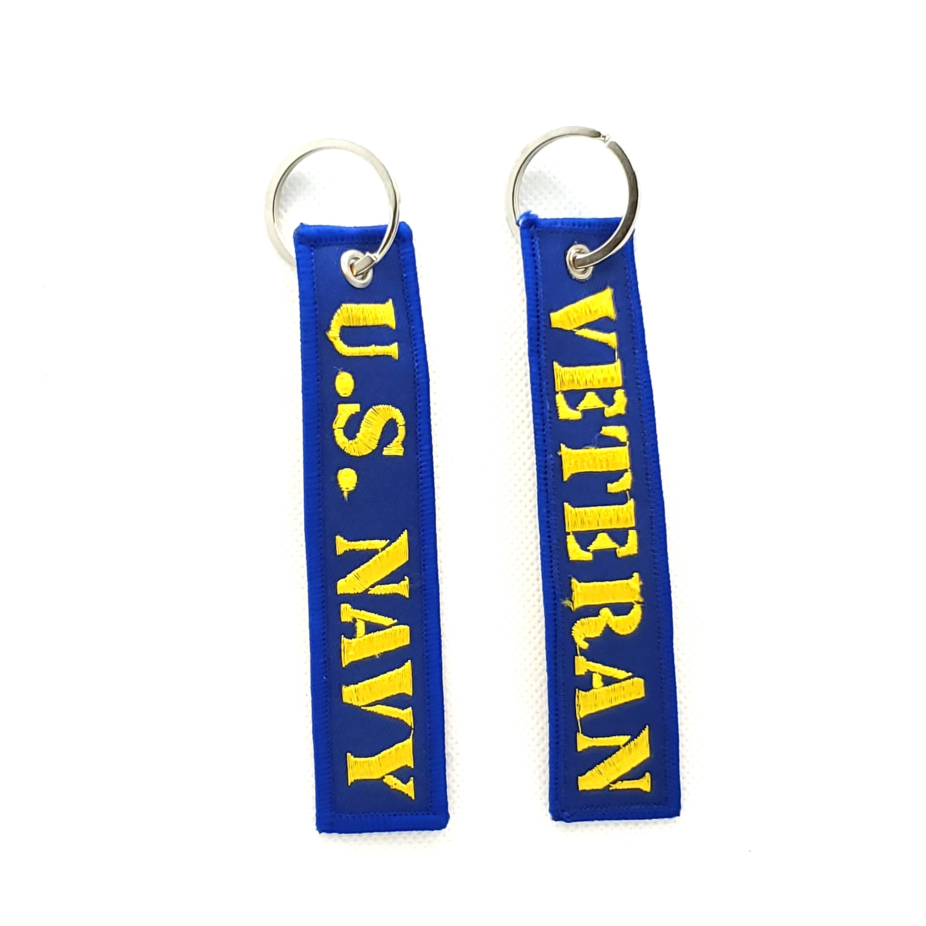 Embroidered U.S. Navy Veteran Key Tags, US Navy Veteran Key Ring, US Navy Vet Keyring, Soft Fabric Long Key Tag for Navy, U.S. Navy Key Tag