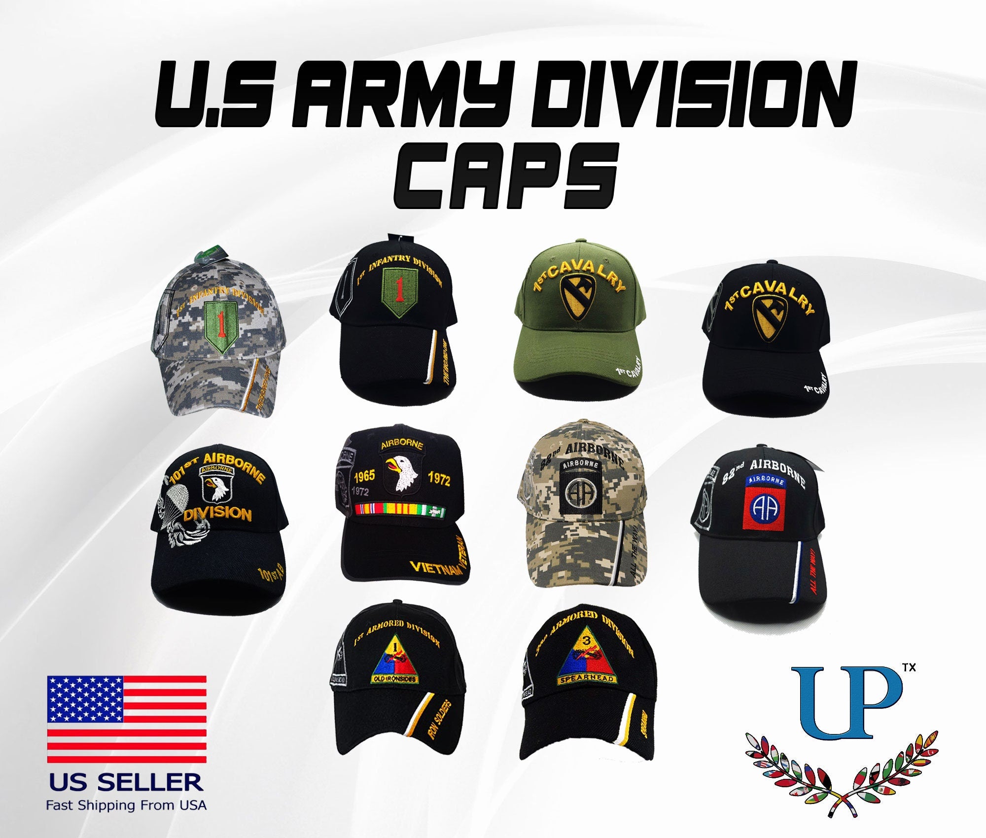 US Army Division Cap, 101st Airborne Division, 82nd Airborne Division, 1st Infantry Division, 1st Cavalry Division, 1st Armored, 3rd Armored