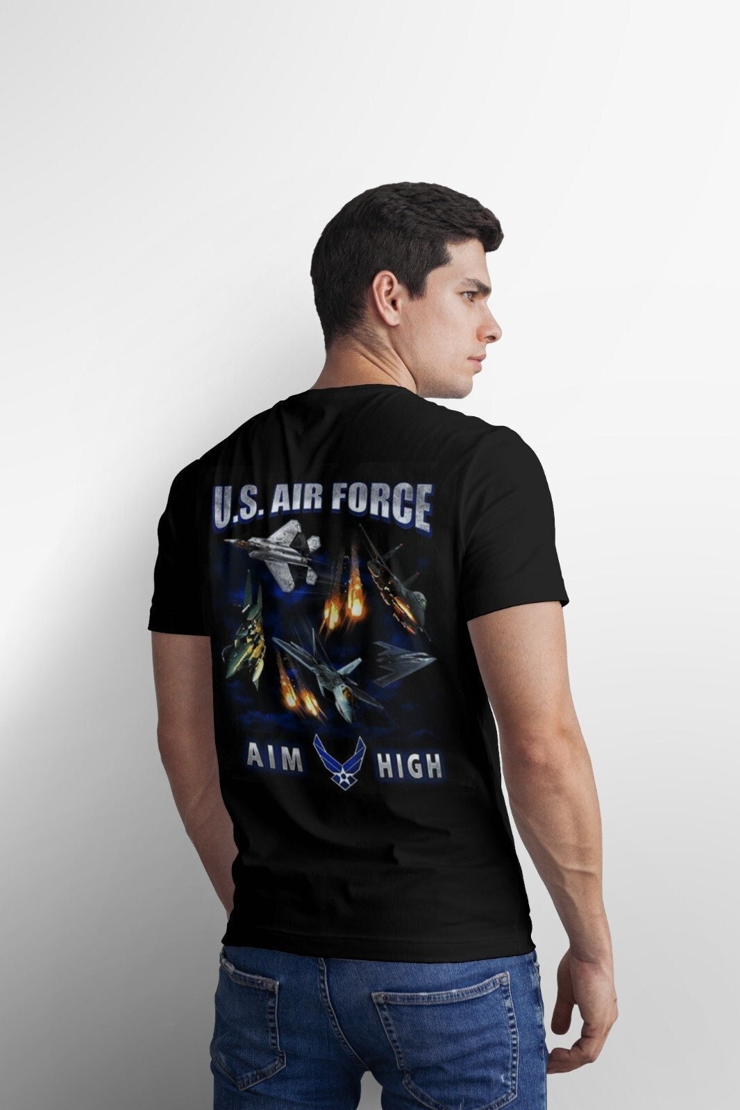 U.S. Air Force Aim High Action T-Shirt, Black U.S. Air Force T-Shirt, USAF Patriotic T-Shirt, US Air Force Aircrafts T-Shirt, Air Force Tee